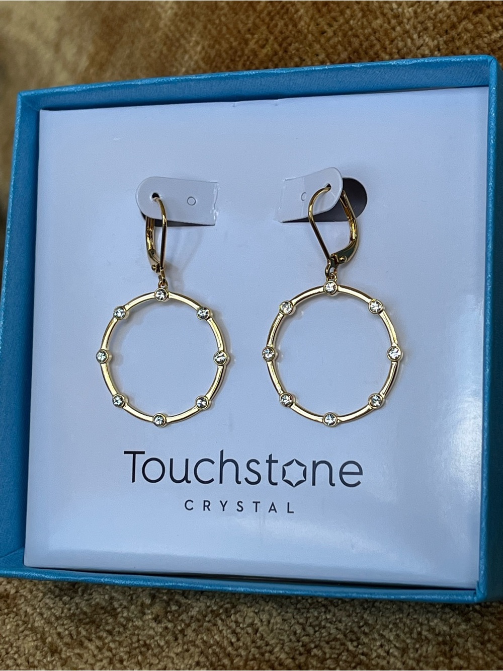 Touchstone Crystal Gold Hoop Earrings with Clear Crystals, BNIB